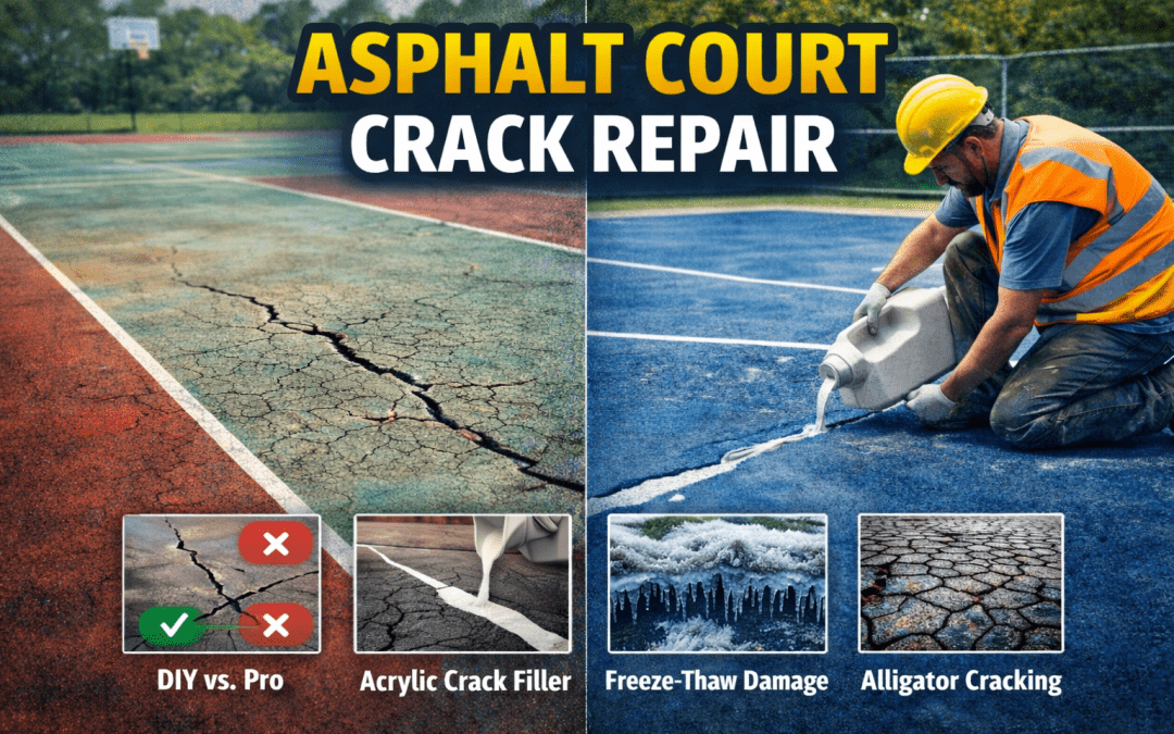 Asphalt court crack repair showing spiderweb cracks, water damage, and professional repair process