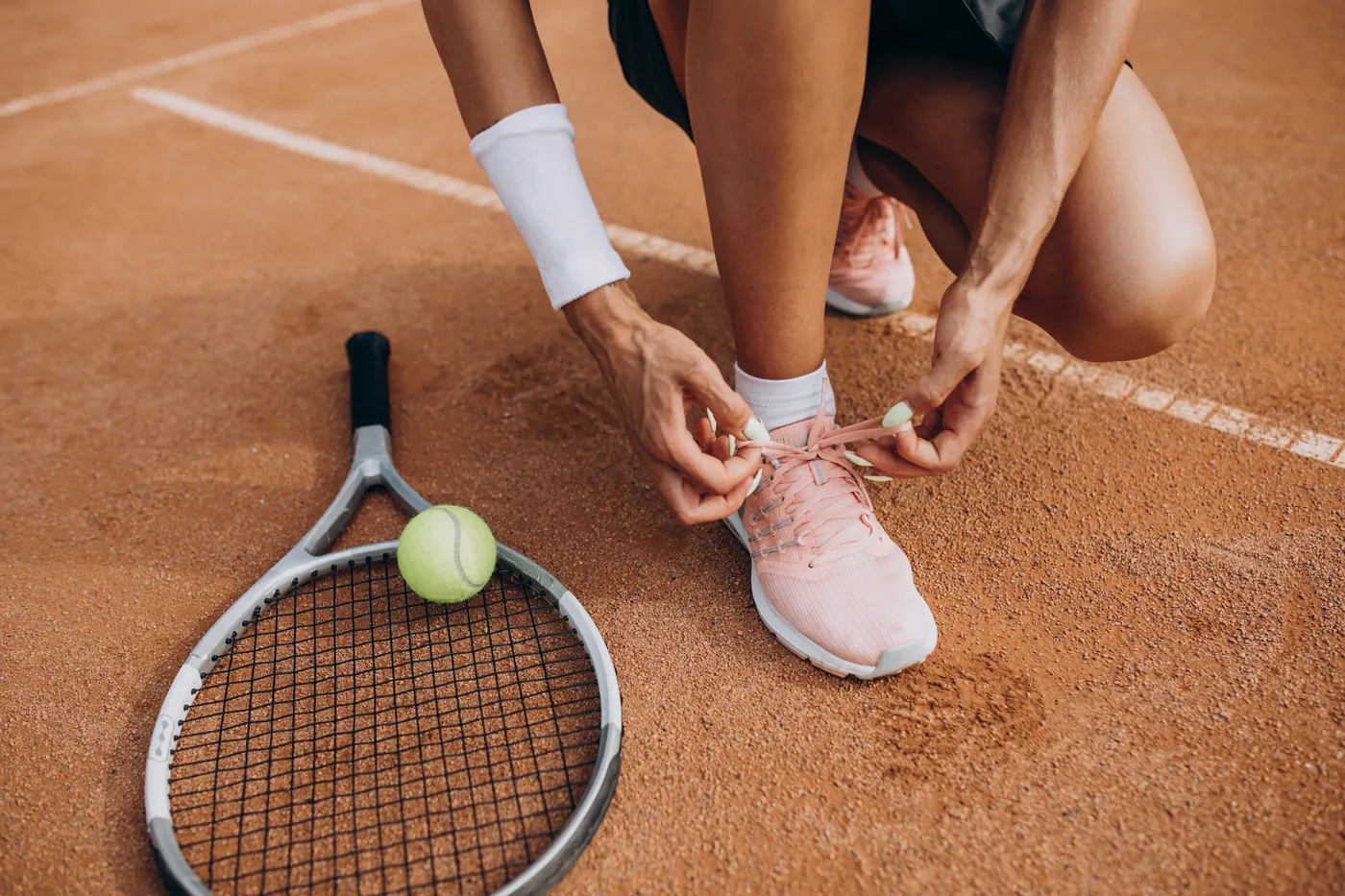 Female Tennis Player Tennis Court Tennis player tying her shoes on a clay tennis court