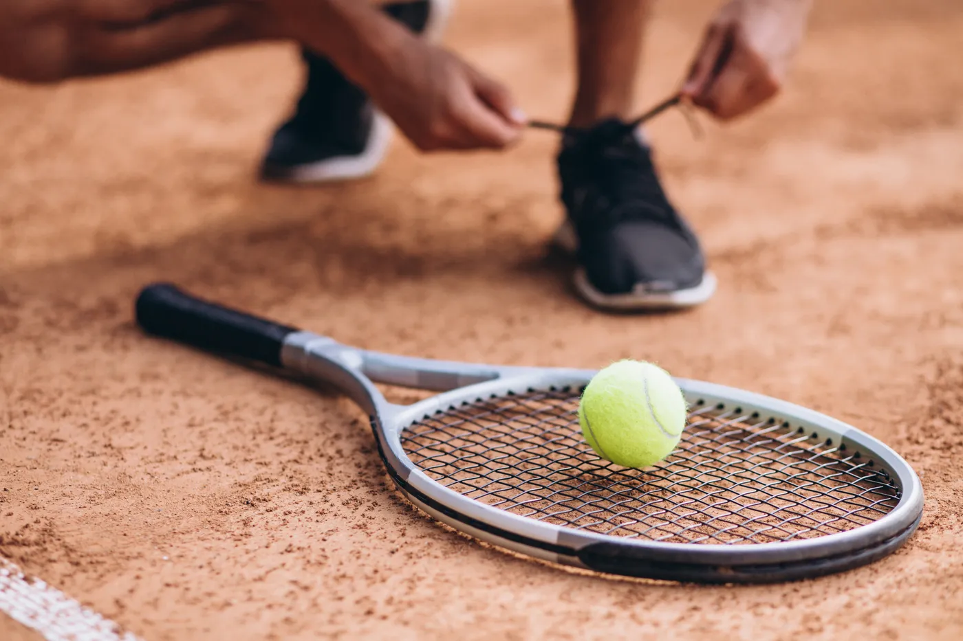 Young Man Tennis Player Court Tennis Racket Close Up Tennis player tying his shoes next to a racket on a clay court